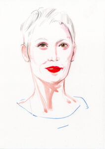 portrait sketch of a woman in ink and coloured pencil