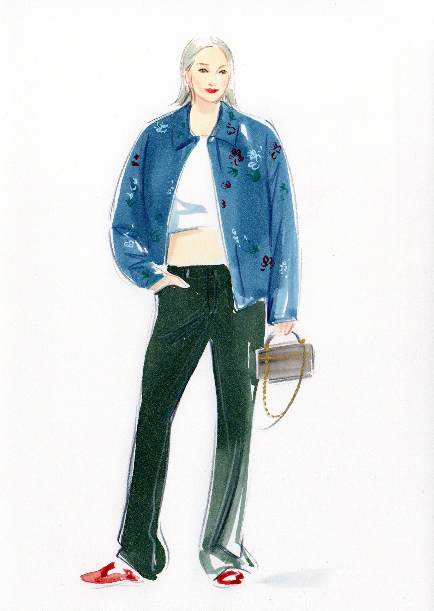 drawing of a standing woman clothed in Louis Vuitton